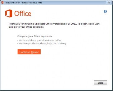 Office 2013 Thank You for Installing Pop-up
