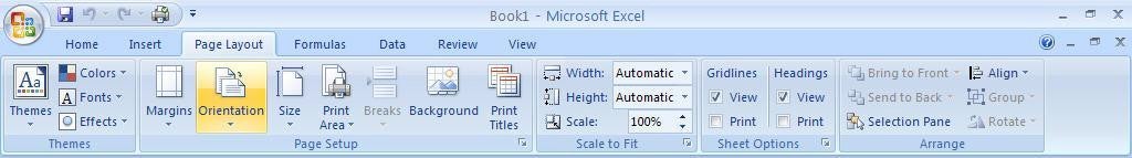 Office 2007 Excel Ribbon Page Layout Features