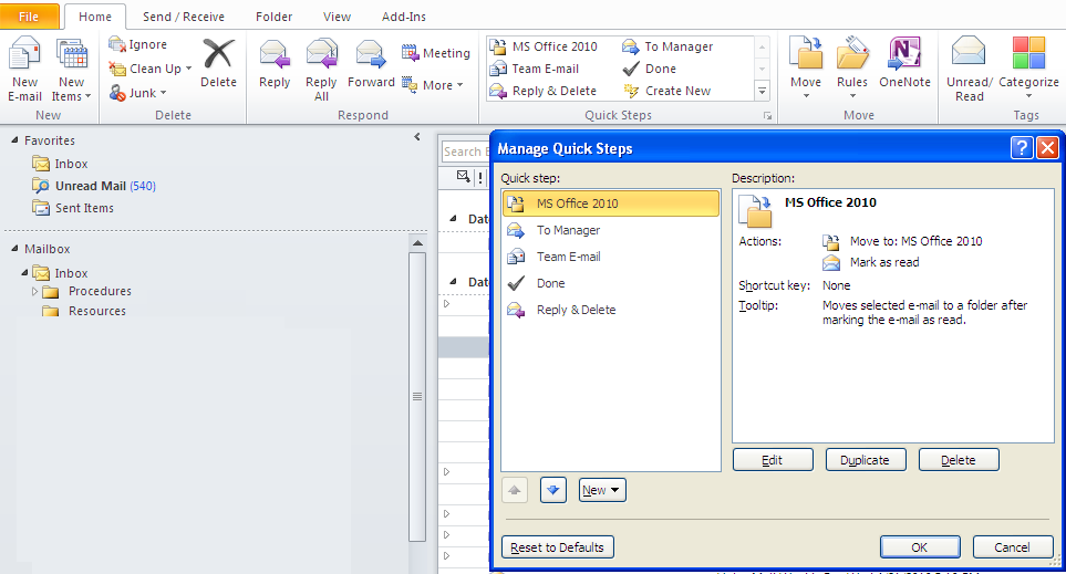 Outlook Quick Steps Feature