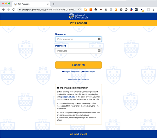 Pitt Passport Login Page