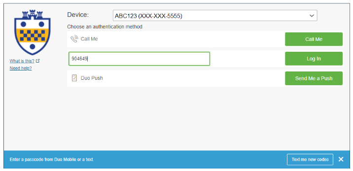 Duo login with Passcode option highlighted