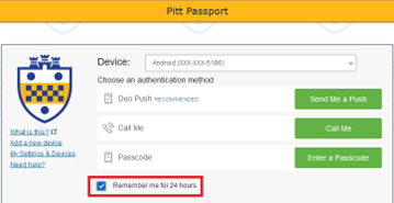 Duo login screen with Remember Me for 24 Hours option highlighted