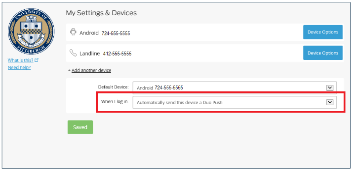 Duo settings page with delivery preference highlighted