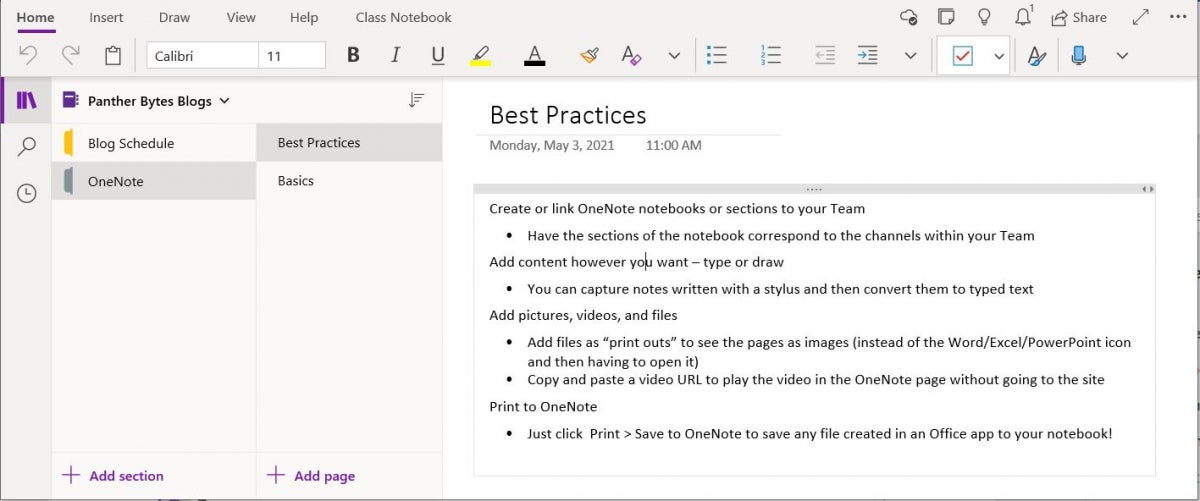 OneNote notebook view