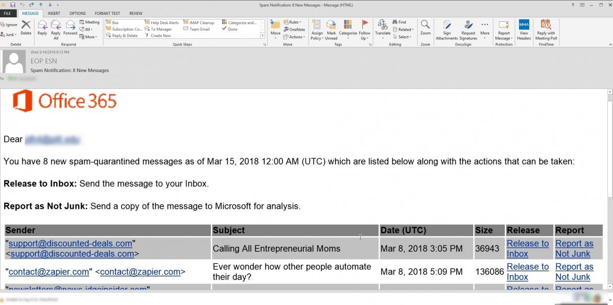 Exchange Online Protection Spam Email Message Notification