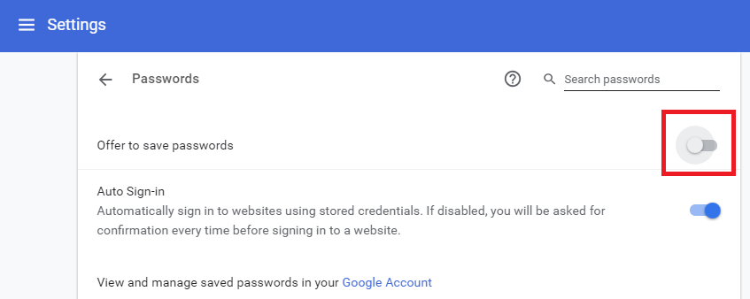 Chrome Passwords Settings