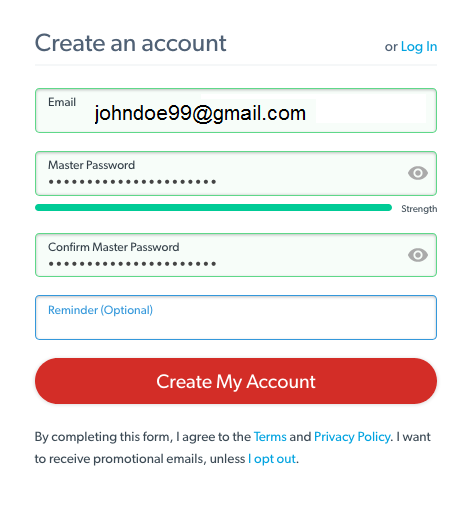 LastPass Create and Account Screen