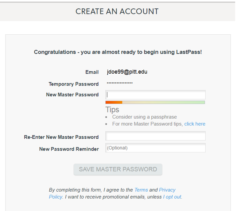 LastPass Create An Account Screen