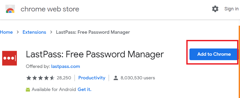 Chrome Webstore with Add to Chrome Highlighted