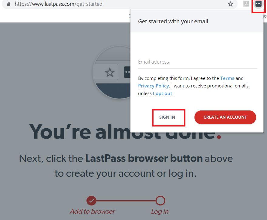 LastPass Get Started Pop Up with Sign In Highlighted
