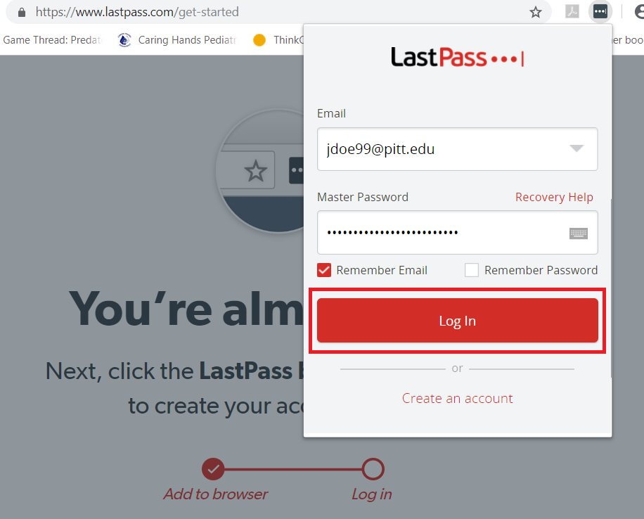 LastPass Login Pop Up with Log In Highlighted