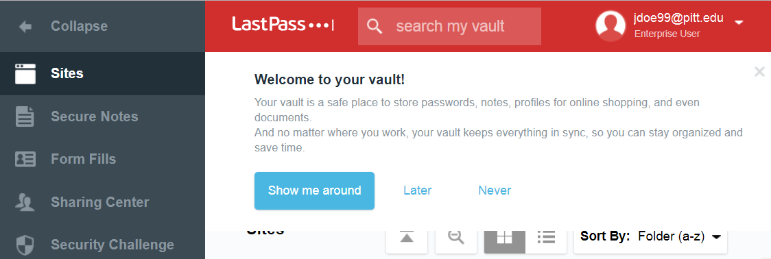 LastPass Welcome to Your Vault Screen