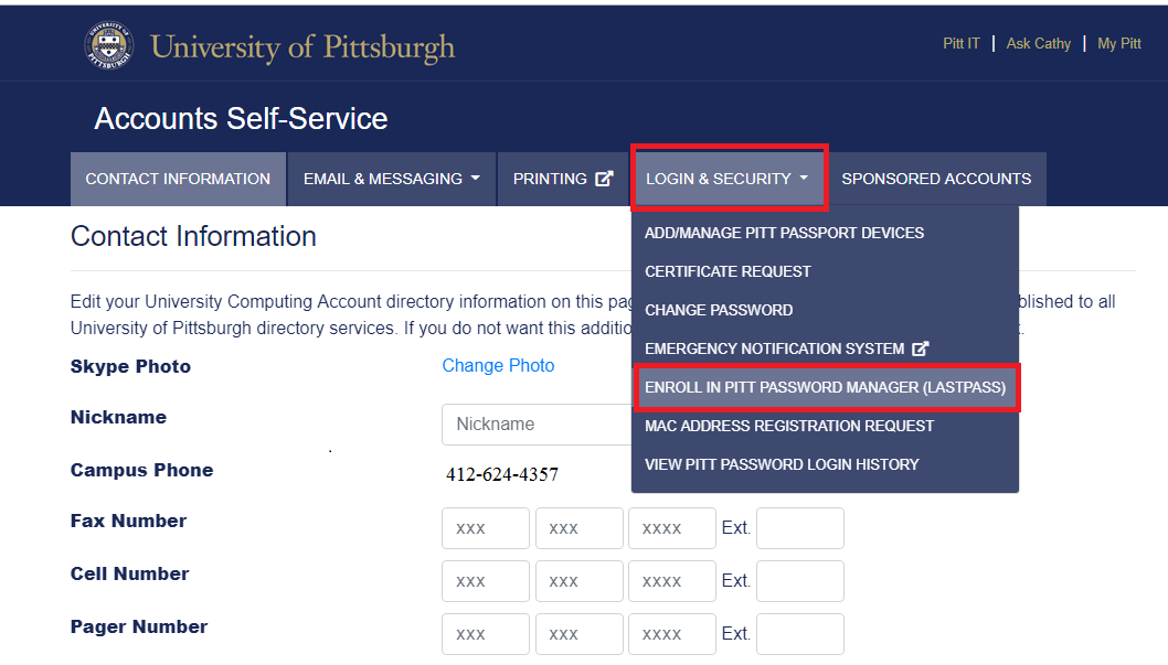 Login & Security Drop Down With Enroll in Pitt Password Manager (LastPass) Selected