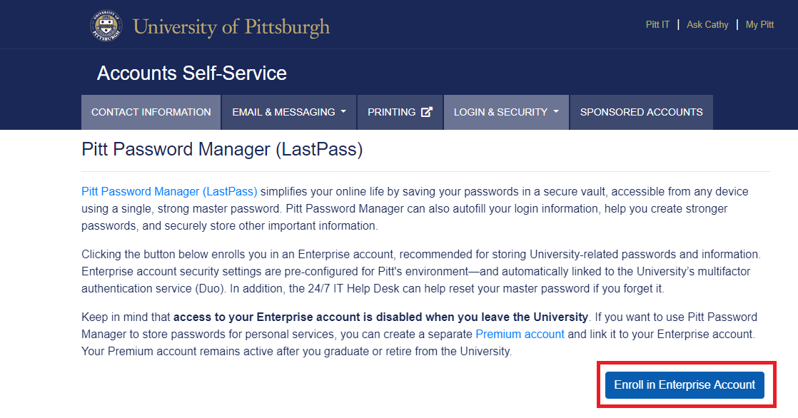 Highlighted Enroll in Enterprise Account Button 