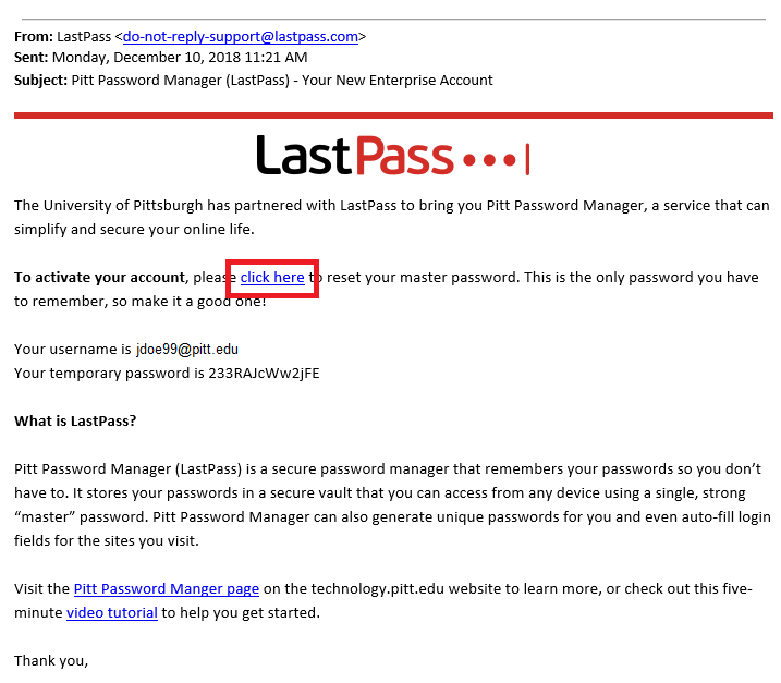 LastPass Confirmation Email with Click Here Highlighted