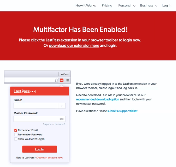 LastPass Multifactor Has Been Enabled Screen