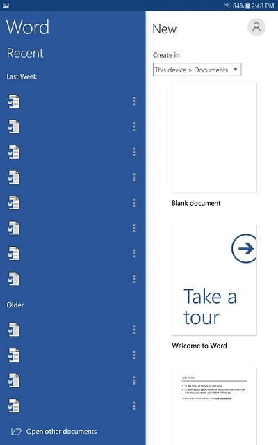 Microsoft Word App Screen
