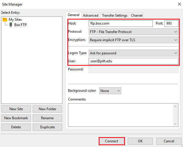 The Saved Settings screen provides a way for you to connect to FileZilla after your provide your password. FileZilla Saved Connection