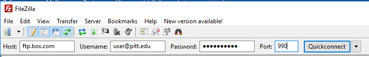 The Quickconnect screen provides a way for you to make a one-time connection to FileZilla FileZilla Quickconnect Window