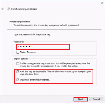 Private key protection settings - import wizard