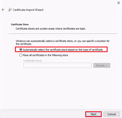 Select Certificate Store- import wizard