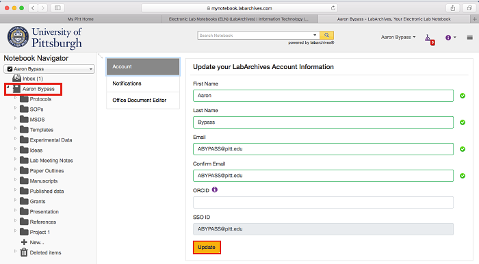 Update your Electronic Research Notebooks contact information screen