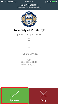 Duo Mobile Approve/ Deny Screen with Approve Highlighted