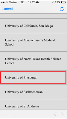 Institution List with University of Pittsburgh Highlighted