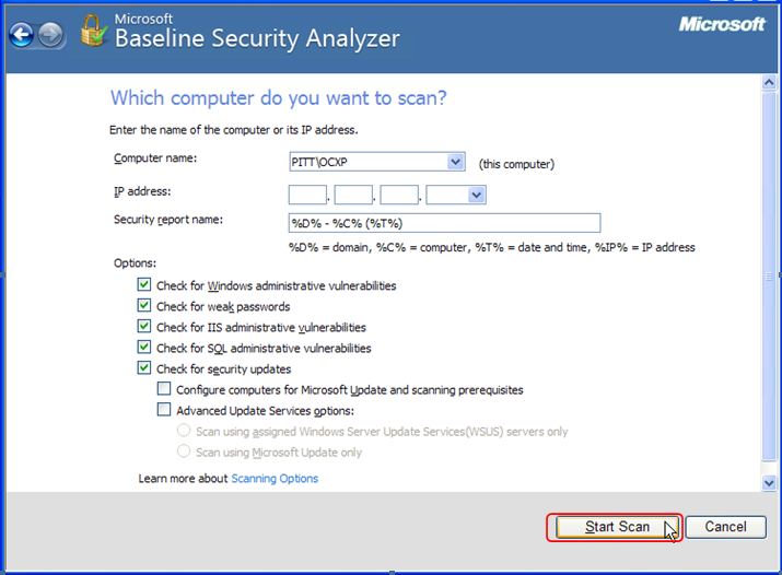 Microsoft Baseline Security Analyzer Scan Options