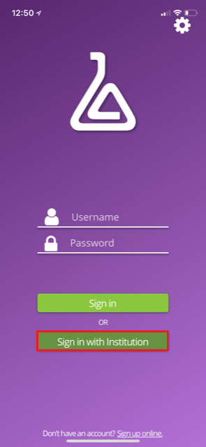 Lab Archives Mobile Login Screen with Sign in with Institution highlighted