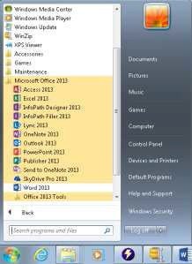 Office 2013 Opened Start Menu Folder with Programs Listed