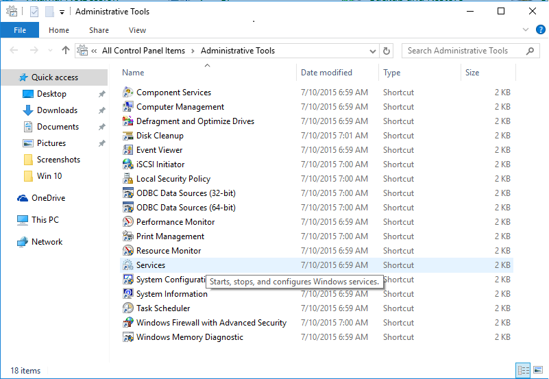 Select services Administrative Tools Select services