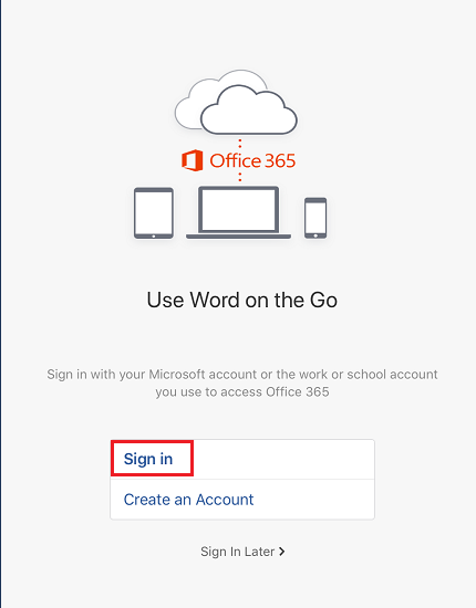 Office 365 App Login Screen