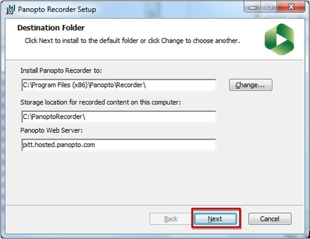 Select a destination folder to install the recorder, then click Next