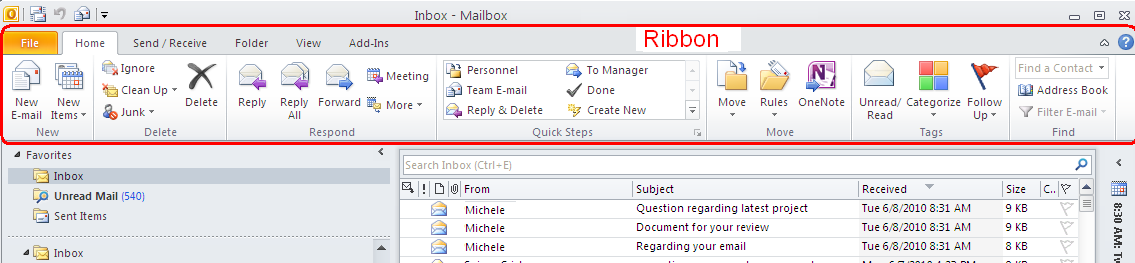 Outlook Ribbon Menu