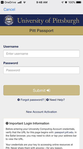 Pitt Passport Login Screen