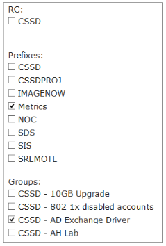 Responsibility Center, Prefixes, and Groups Management Checkboxes