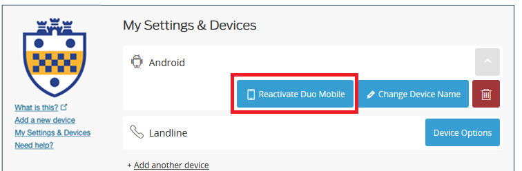 My Settings & Devices with Reactivate Duo Mobile Highlighted