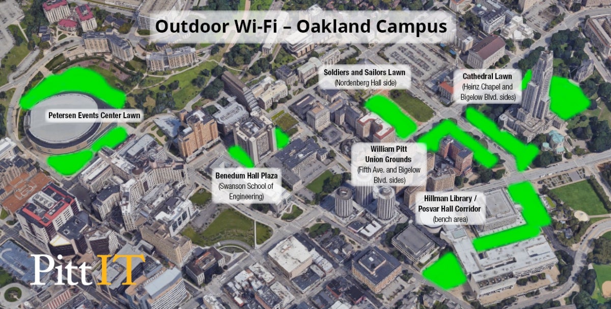 map showing outdoor wireless coverage at the Oakland campus