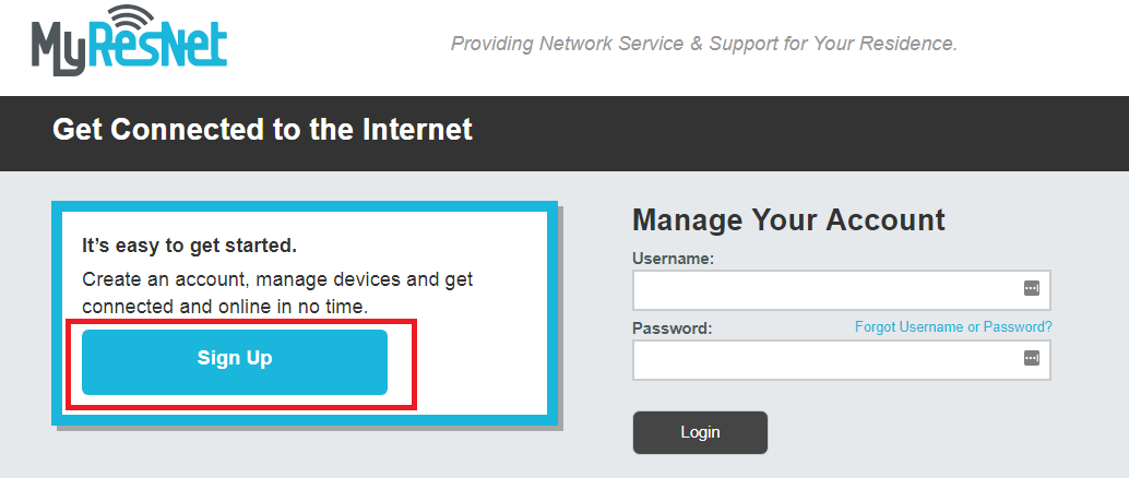 MyResNet Page with Sign Up Highlighted