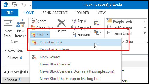 Microsoft Outlook Inbox Junk Options