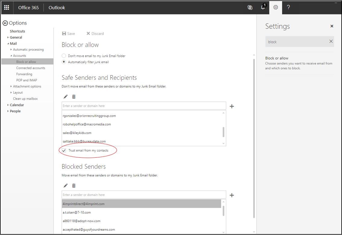 MSO 365 Mail Block or Allow Senders